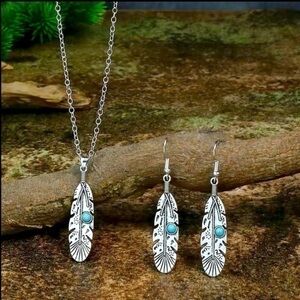 Southwest Style Turquoise Feather Design Necklace And Earrings Set